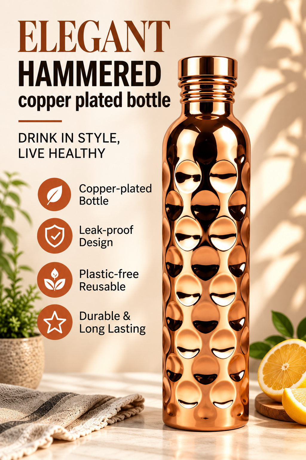 Copper Glow Hammered Water Bottle – 1000ml