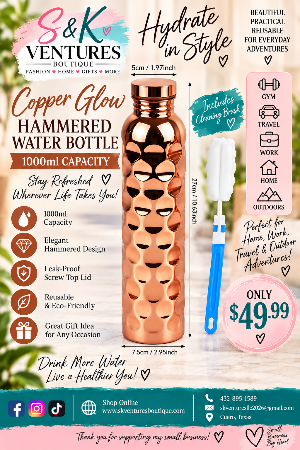 Copper Glow Hammered Water Bottle – 1000ml