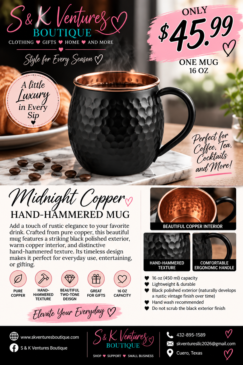 Midnight Copper Hand-Hammered Mug – 16 oz