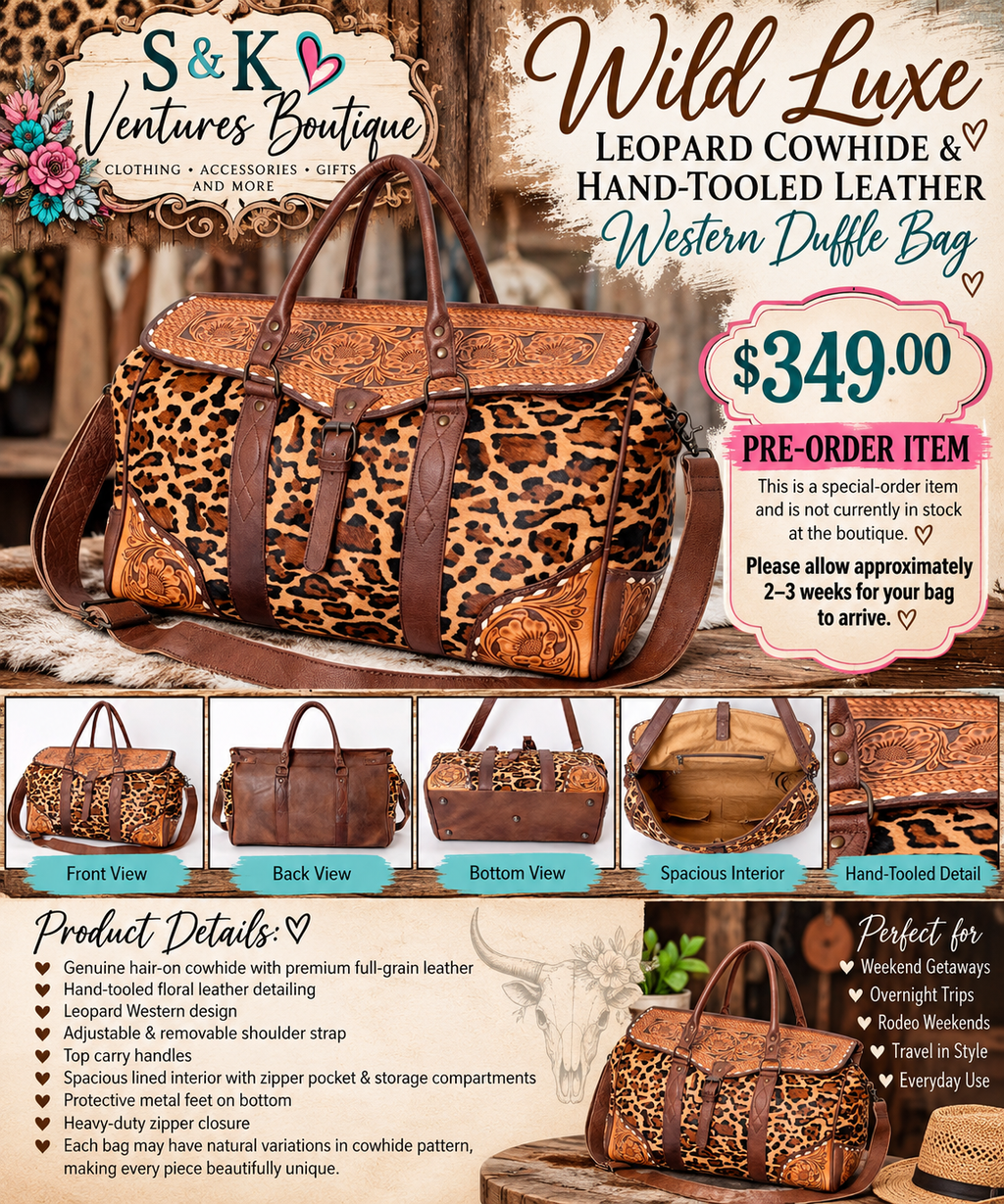 Wild Luxe Leopard Cowhide & Hand-Tooled Leather Western Duffle Bag