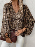 V-Neck Leopard Print Casual Long Sleeved Top