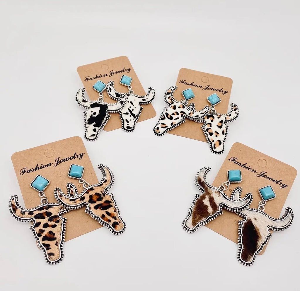 Western Style Cowhide Cowhead Shape Stud Earrings - Wj