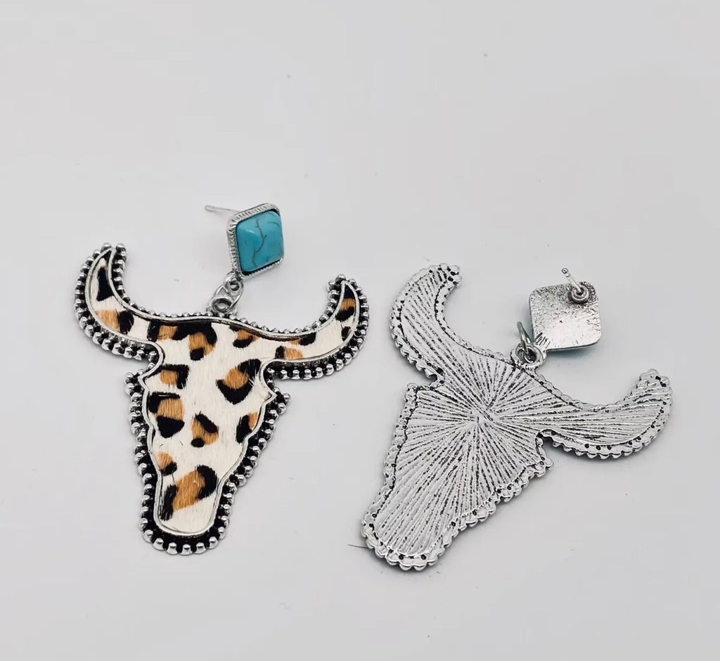 Western Style Cowhide Cowhead Shape Stud Earrings - Wj