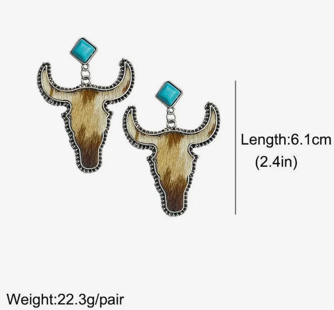 Western Style Cowhide Cowhead Shape Stud Earrings - Wj