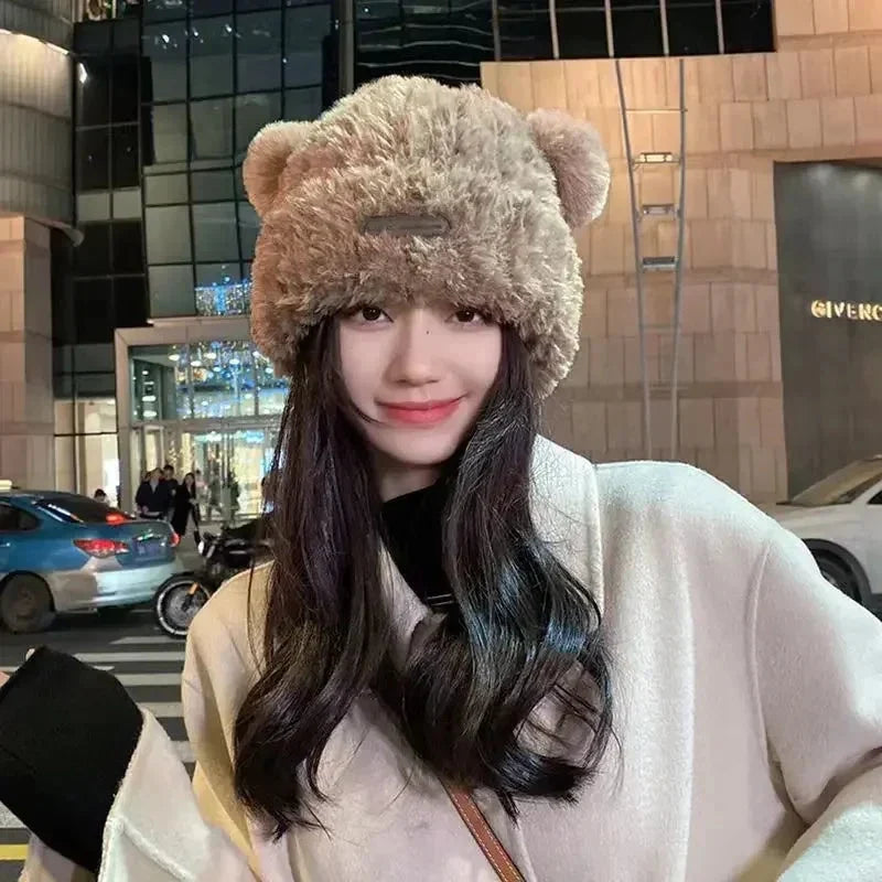 Letter Bear Ears Knitted Woolen Hat – Cute Cat-Ears Beanie for Women
