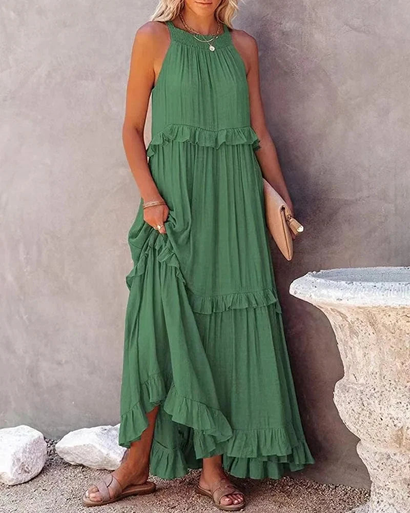 Elegant Apricot Ruffle Maxi Dress