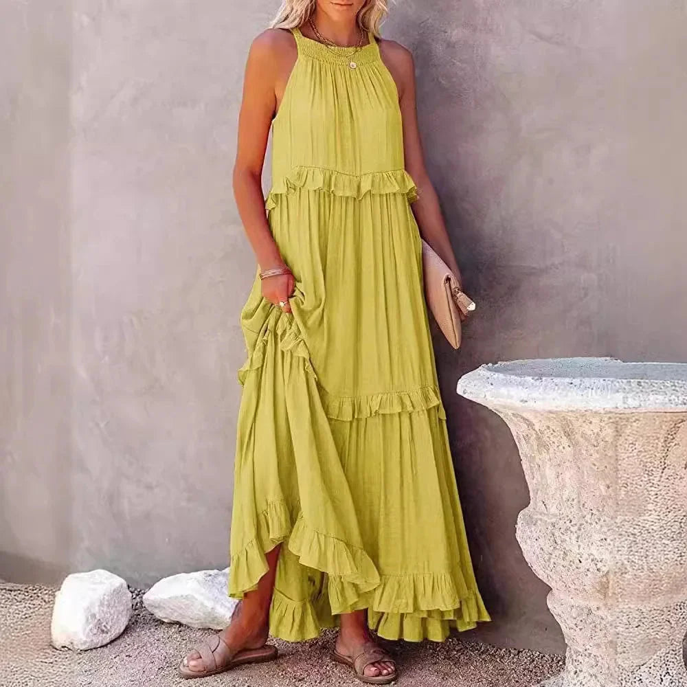 Elegant Apricot Ruffle Maxi Dress