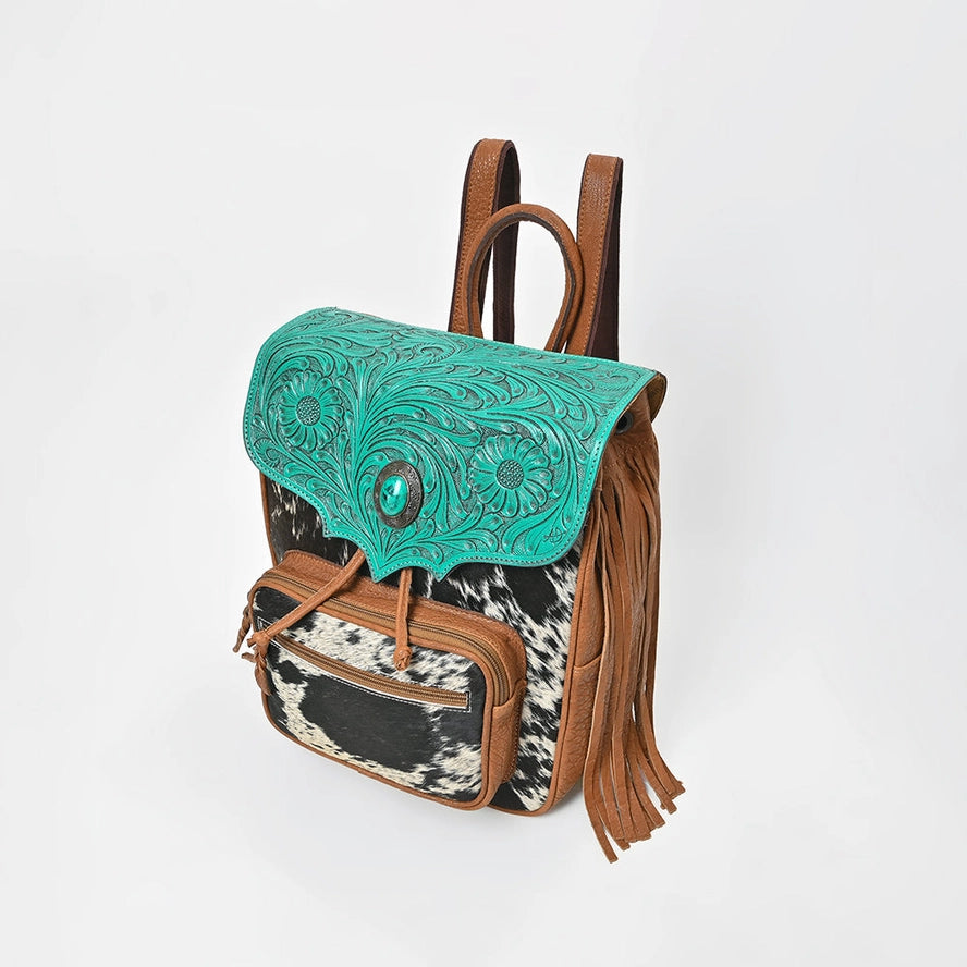 Western Cowhide & Turquoise Tooled Leather Fringe Backpack