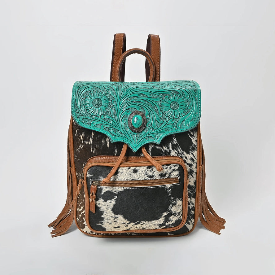 Western Cowhide & Turquoise Tooled Leather Fringe Backpack