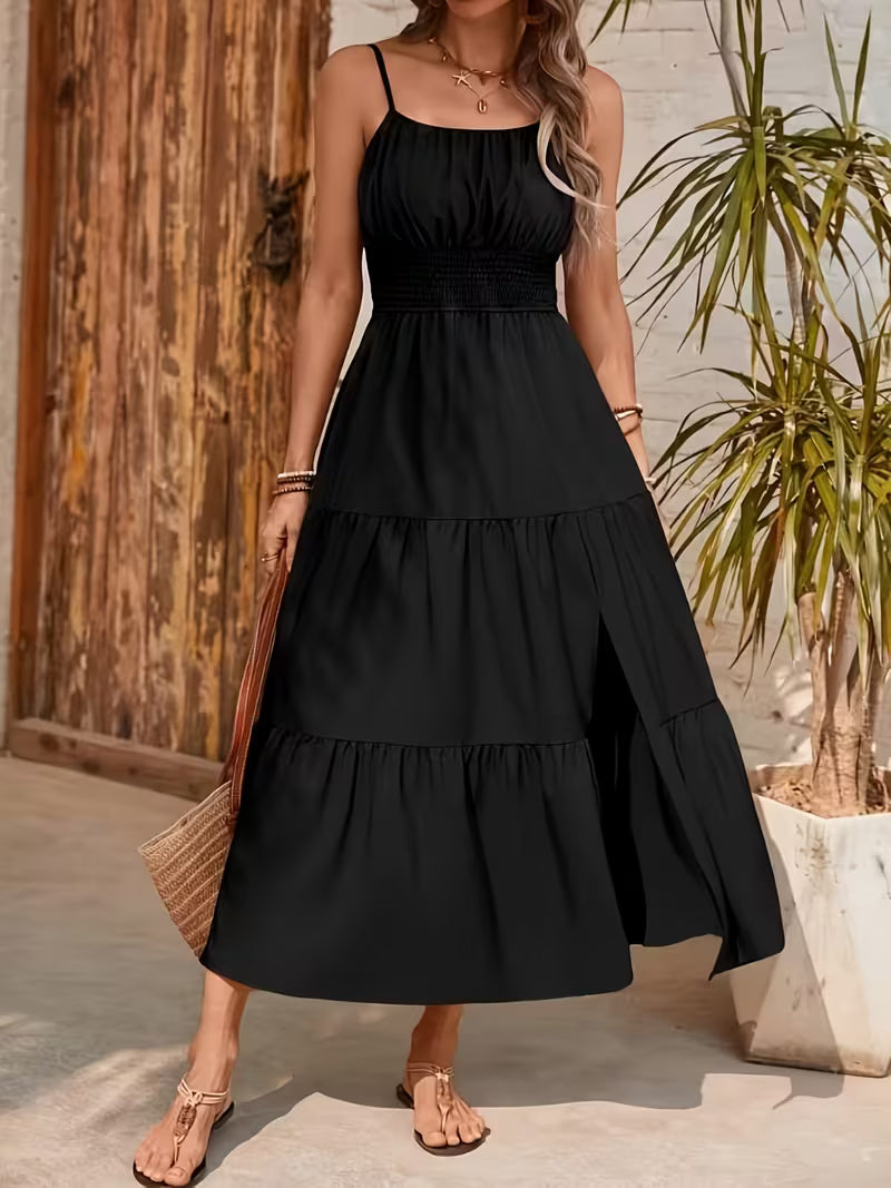Halter Layered Waist-cinching Solid Color Fitted Dress