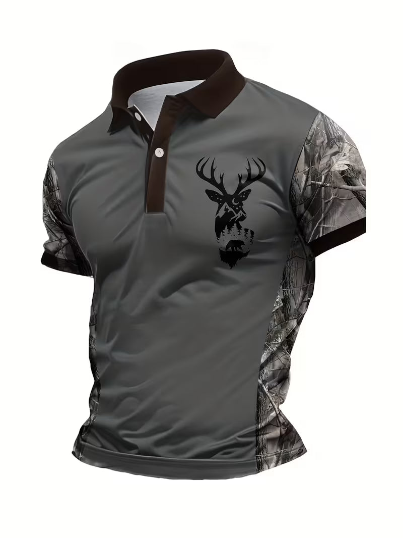 Men's Deer Head Print Camouflage Patchwork Polo Shirt
