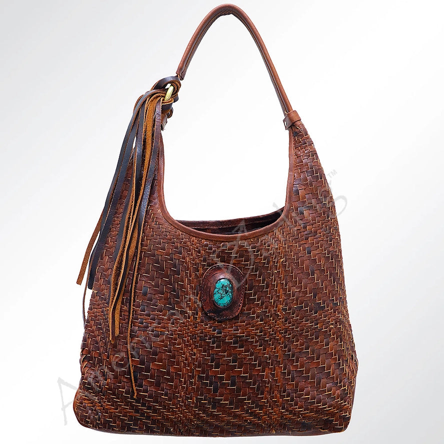Woven Genuine Leather Hobo Bag with Turquoise Concho & Tassel - Western Style