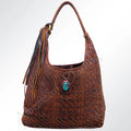 Woven Genuine Leather Hobo Bag with Turquoise Concho & Tassel - Western Style