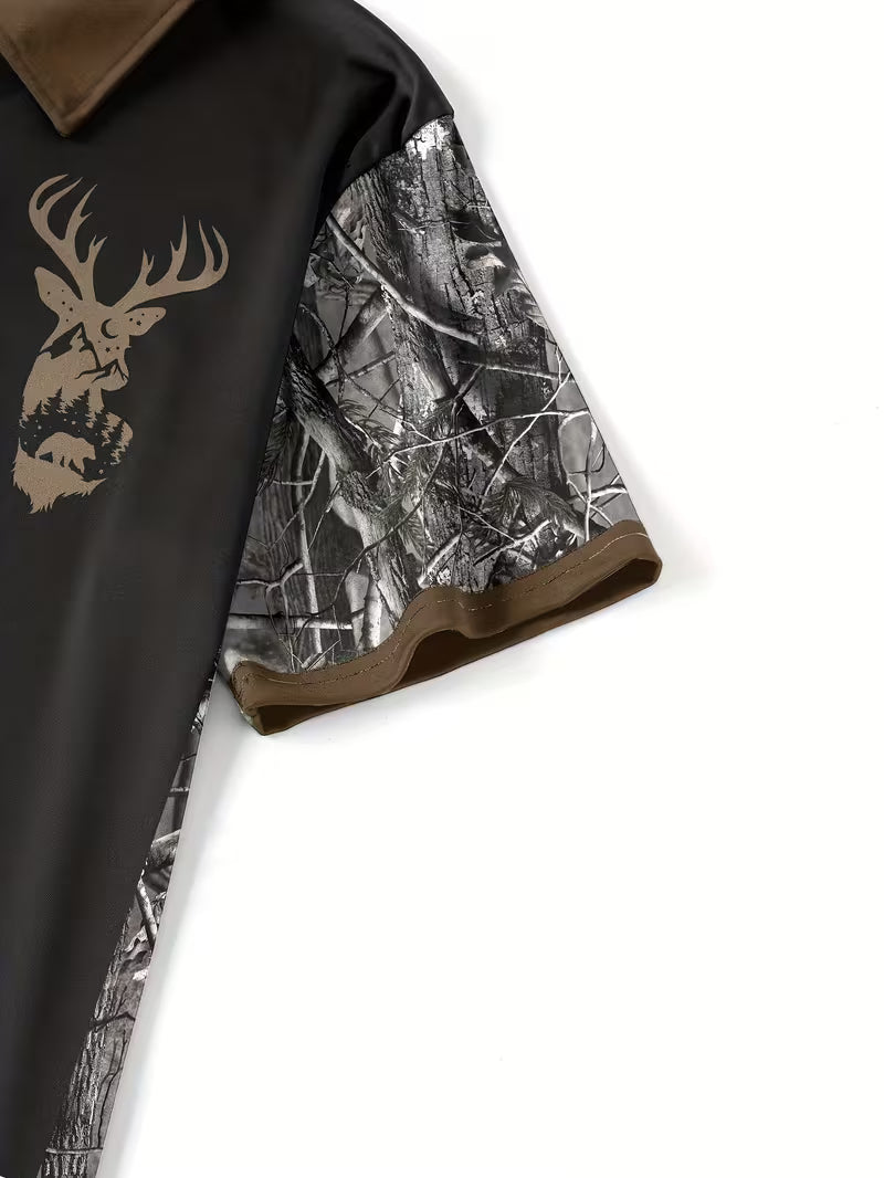 Men's Deer Head Print Camouflage Patchwork Polo Shirt