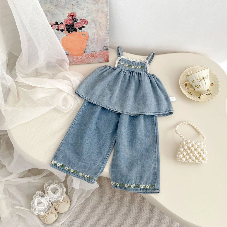 Summer Baby Kids Girls Flowers Pattern Embroidered Sleeveless Top and Pants Denim Clothing