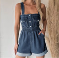 Square-Neck Buttoned Pockets Roll-Up Cuffs Romper