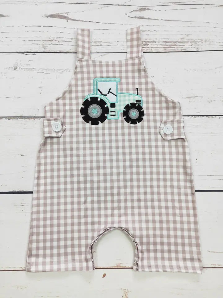 Baby Boy Tractor Appliqué Checkered Romper