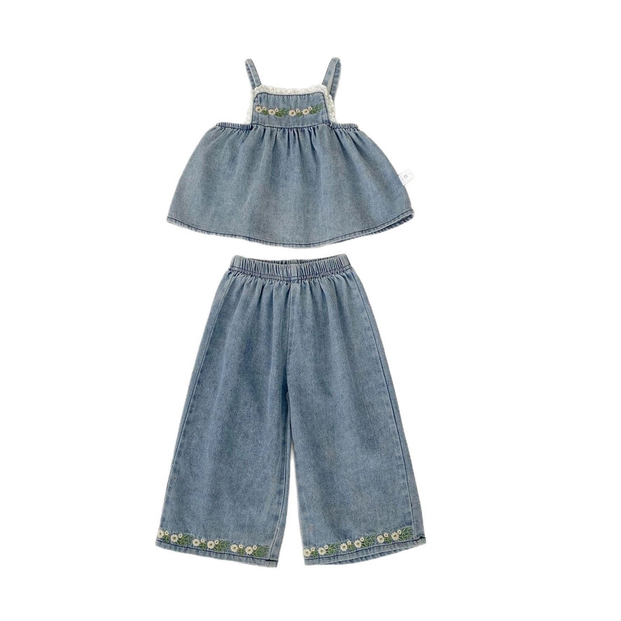 Summer Baby Kids Girls Flowers Pattern Embroidered Sleeveless Top and Pants Denim Clothing