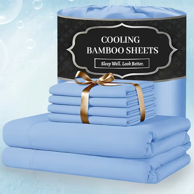 Extra Deep Pocket Bamboo Sheets - 4/6pcs Breathable & Cooling Bamboo Bed Sheet Set, Hotel Luxury Fitted Sheet Set, Soft Wrinkle-Free for Extra Deep Mattresses, Room Decor, Twin/Full/Queen/King Size Sheet & Pillowcase Sets
