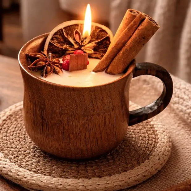 Pumpkin Spice Candle in Wooden Mug | Autumn Decor Soy Candle