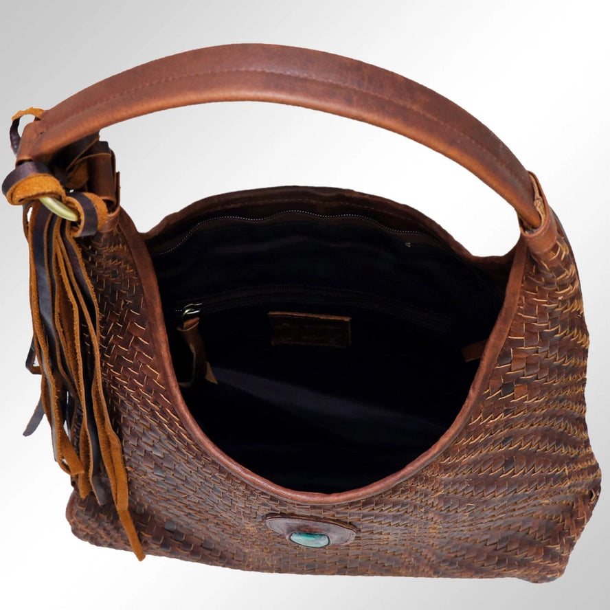 Woven Genuine Leather Hobo Bag with Turquoise Concho & Tassel - Western Style