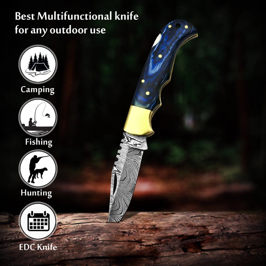 6.5' Handmade Damascus Folding Knife, Pocket Knife