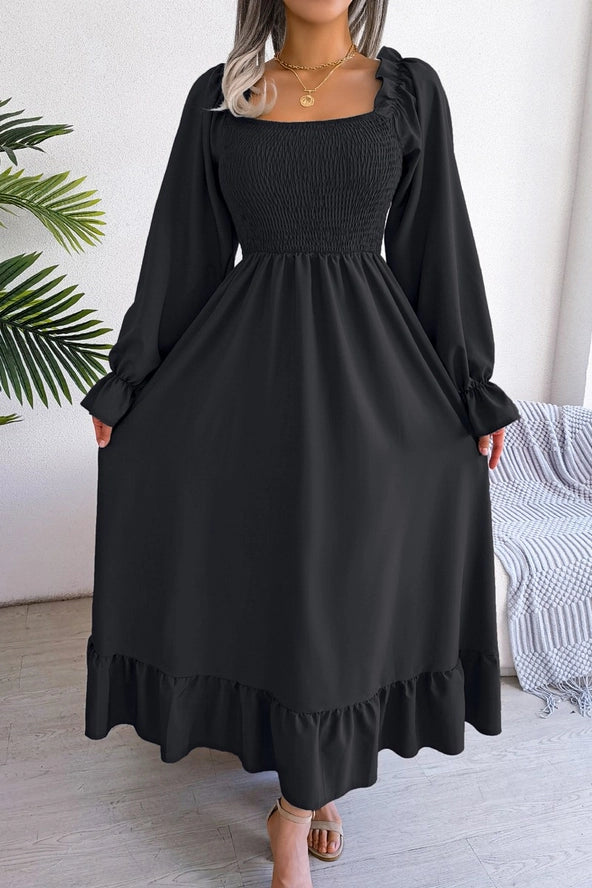 Square Neck Large Swing Flounces Long DRESS_