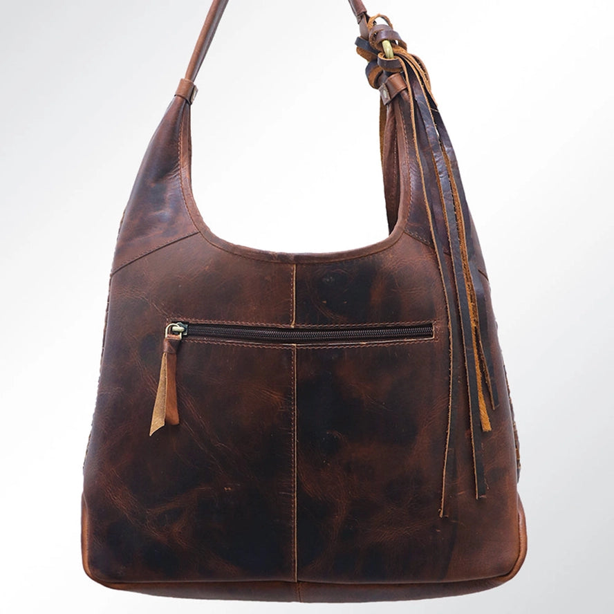 Woven Genuine Leather Hobo Bag with Turquoise Concho & Tassel - Western Style