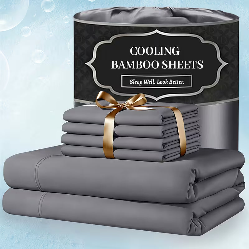 Extra Deep Pocket Bamboo Sheets - 4/6pcs Breathable & Cooling Bamboo Bed Sheet Set, Hotel Luxury Fitted Sheet Set, Soft Wrinkle-Free for Extra Deep Mattresses, Room Decor, Twin/Full/Queen/King Size Sheet & Pillowcase Sets