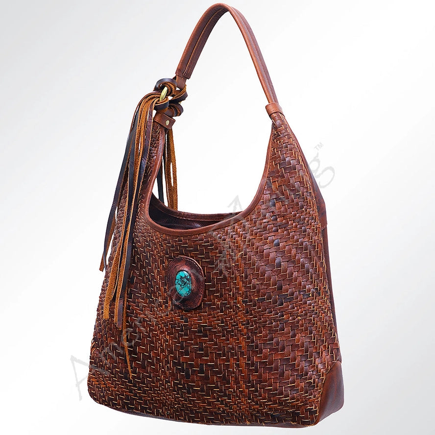 Woven Genuine Leather Hobo Bag with Turquoise Concho & Tassel - Western Style