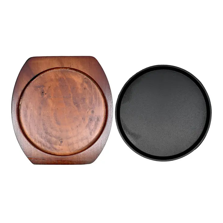 Cast Iron Steak Plate Round with Wooden Trivet