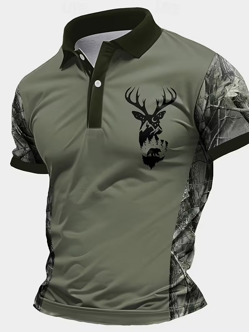 Men's Deer Head Print Camouflage Patchwork Polo Shirt