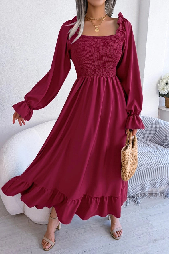Square Neck Large Swing Flounces Long DRESS_