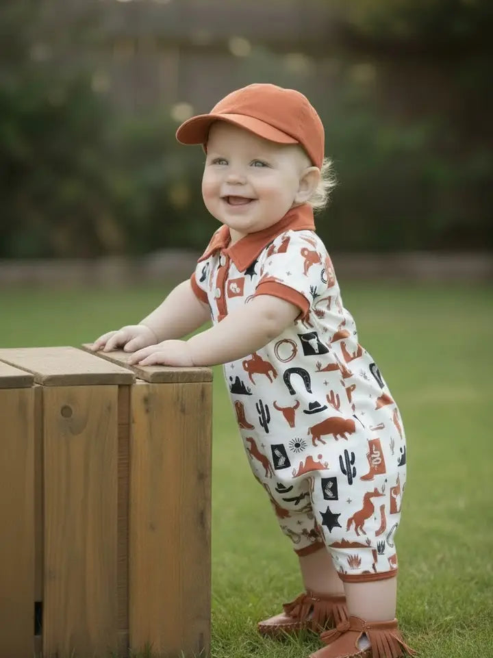 Ivory Multi-Printed Western Baby Romper with Snaps