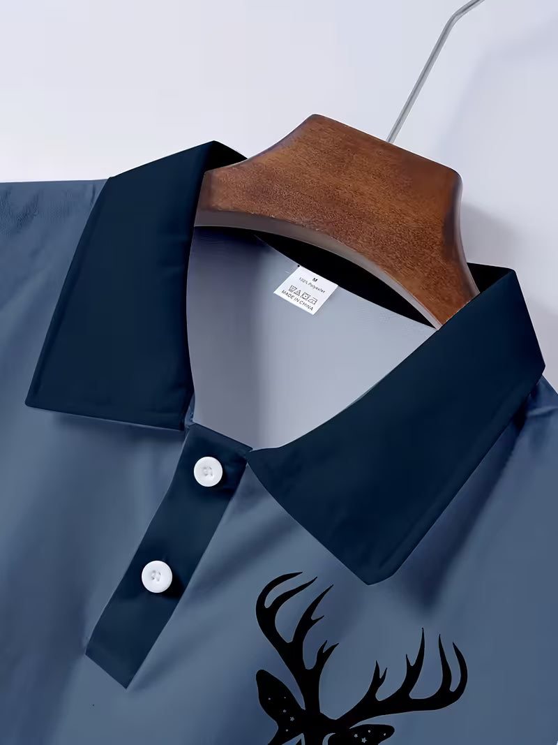 Men's Deer Head Print Camouflage Patchwork Polo Shirt