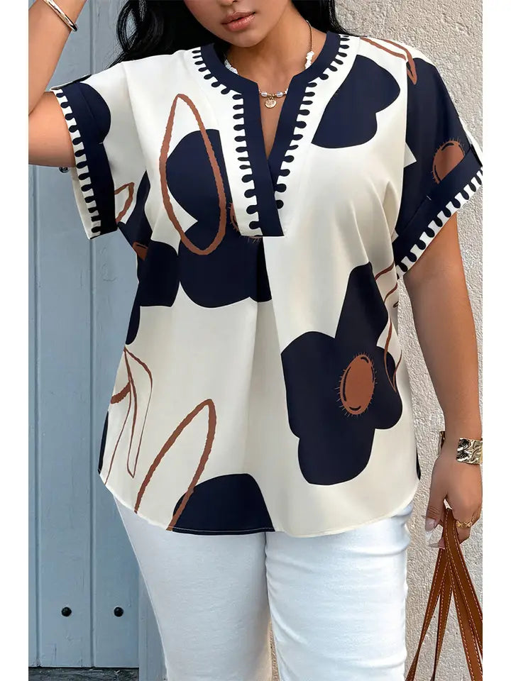 Plus Size Notch V Neck Floral Short Sleeve Shirt