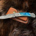 Pocket Knife Dyed Blue Bone 6.5'' Damascus Steel Knife Steel