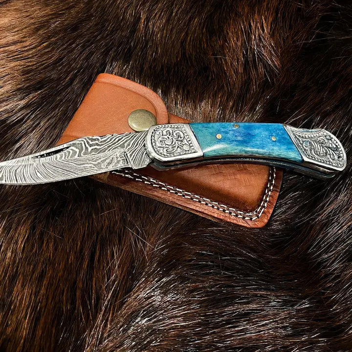 Pocket Knife Dyed Blue Bone 6.5'' Damascus Steel Knife Steel