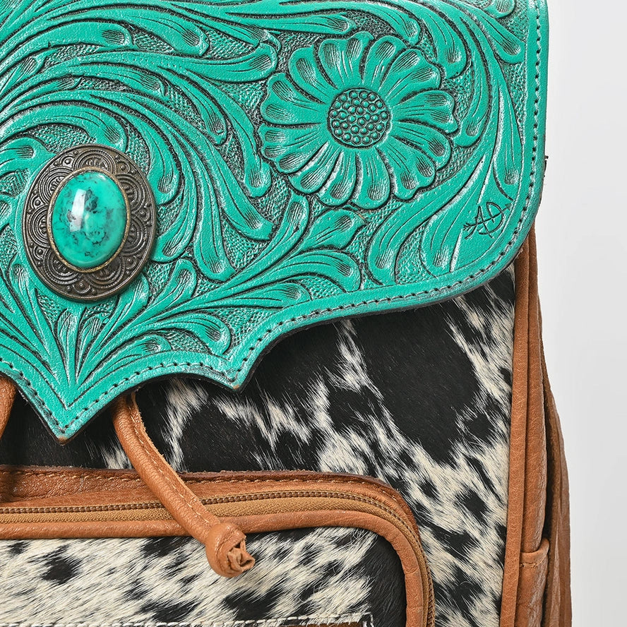 Western Cowhide & Turquoise Tooled Leather Fringe Backpack
