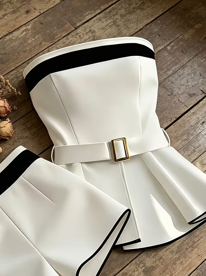 2pcs Black And White Elegant Bandeau Top And Shorts Set