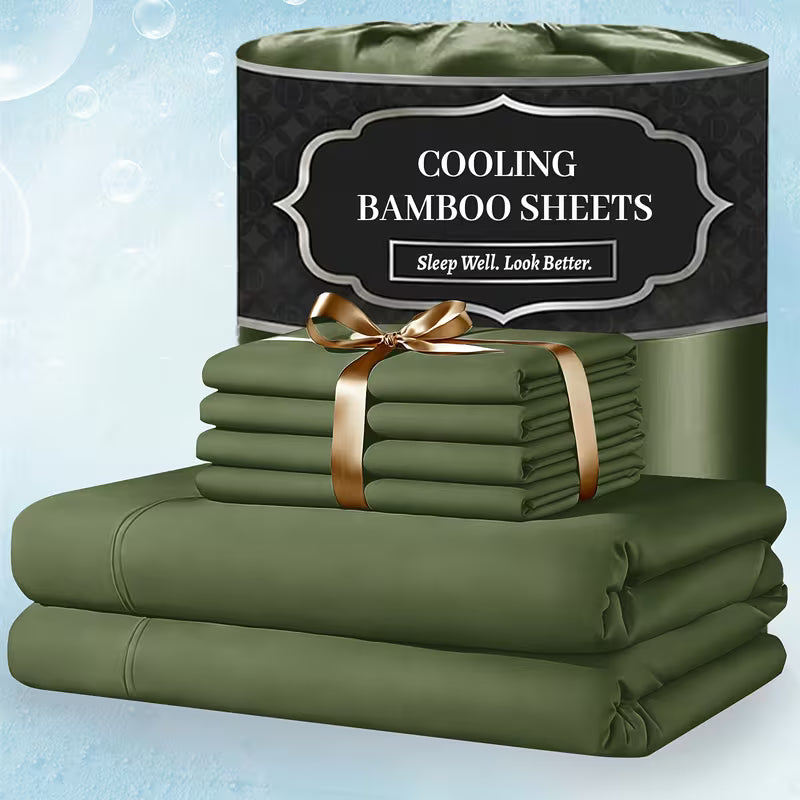 Extra Deep Pocket Bamboo Sheets - 4/6pcs Breathable & Cooling Bamboo Bed Sheet Set, Hotel Luxury Fitted Sheet Set, Soft Wrinkle-Free for Extra Deep Mattresses, Room Decor, Twin/Full/Queen/King Size Sheet & Pillowcase Sets