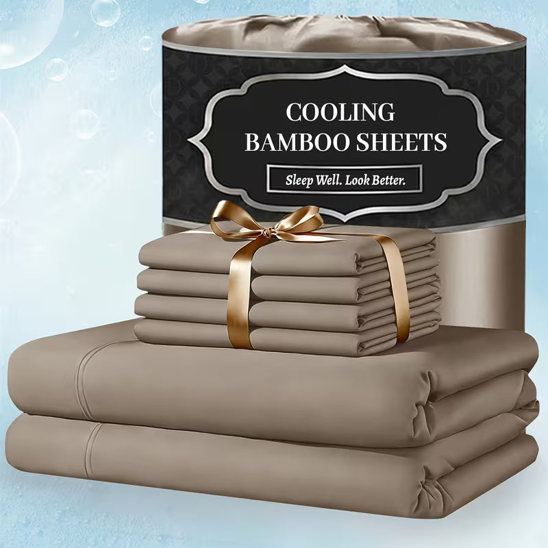 Extra Deep Pocket Bamboo Sheets - 4/6pcs Breathable & Cooling Bamboo Bed Sheet Set, Hotel Luxury Fitted Sheet Set, Soft Wrinkle-Free for Extra Deep Mattresses, Room Decor, Twin/Full/Queen/King Size Sheet & Pillowcase Sets