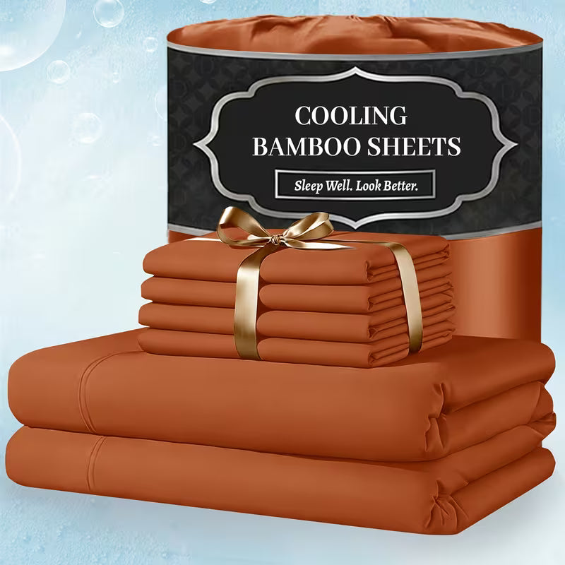 Extra Deep Pocket Bamboo Sheets - 4/6pcs Breathable & Cooling Bamboo Bed Sheet Set, Hotel Luxury Fitted Sheet Set, Soft Wrinkle-Free for Extra Deep Mattresses, Room Decor, Twin/Full/Queen/King Size Sheet & Pillowcase Sets
