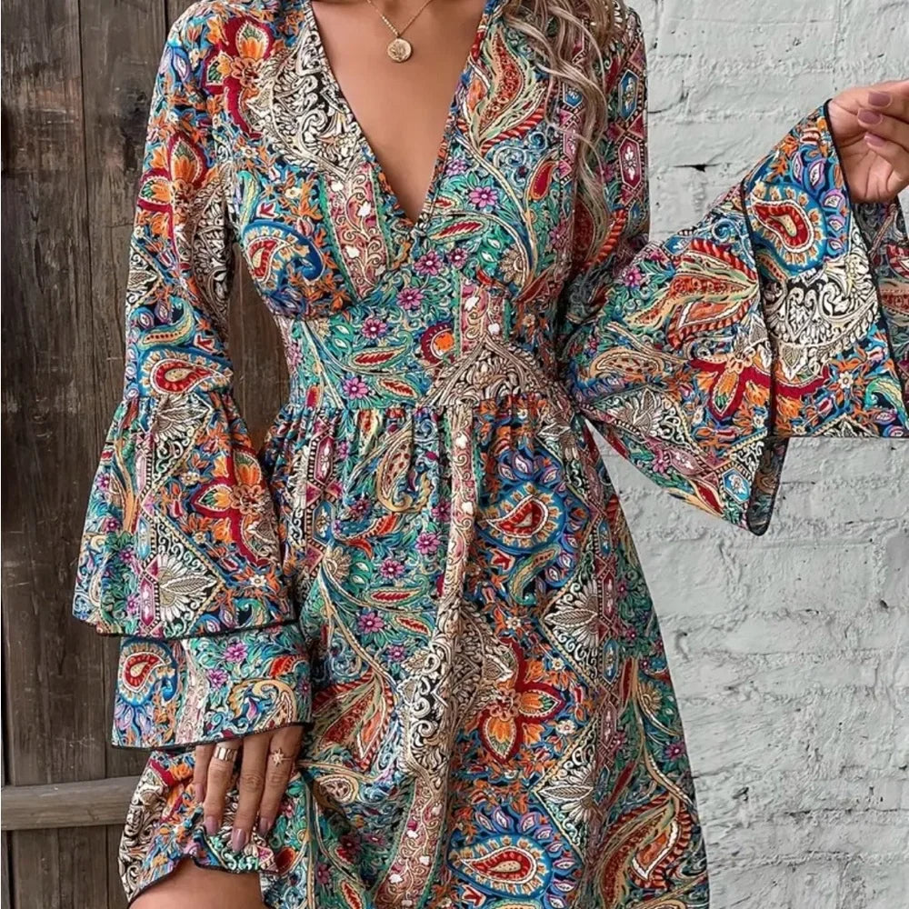 Bohemian Paisley Floral Print V-Neck Bell Sleeve Dress