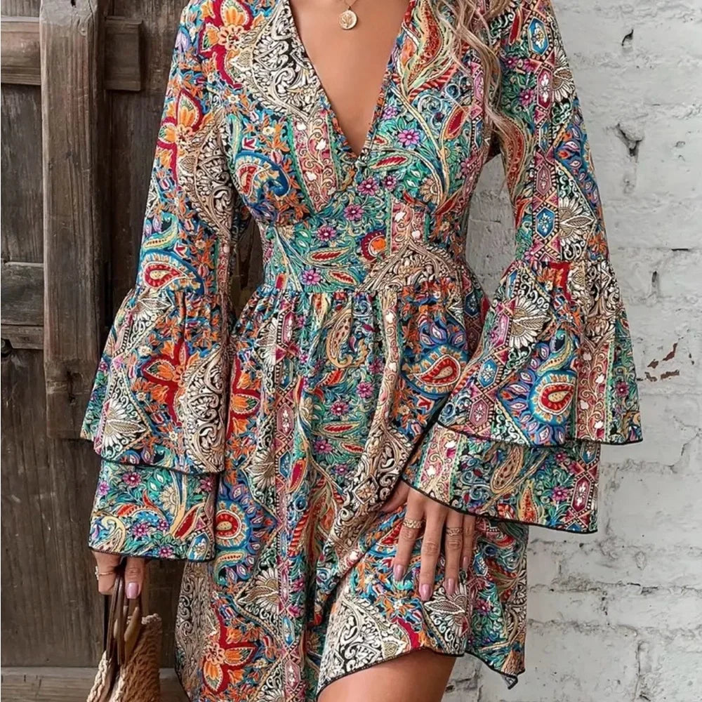 Bohemian Paisley Floral Print V-Neck Bell Sleeve Dress