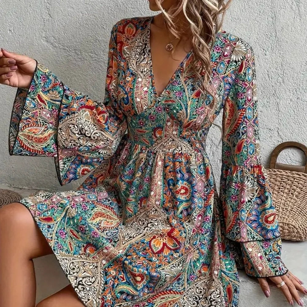 Bohemian Paisley Floral Print V-Neck Bell Sleeve Dress