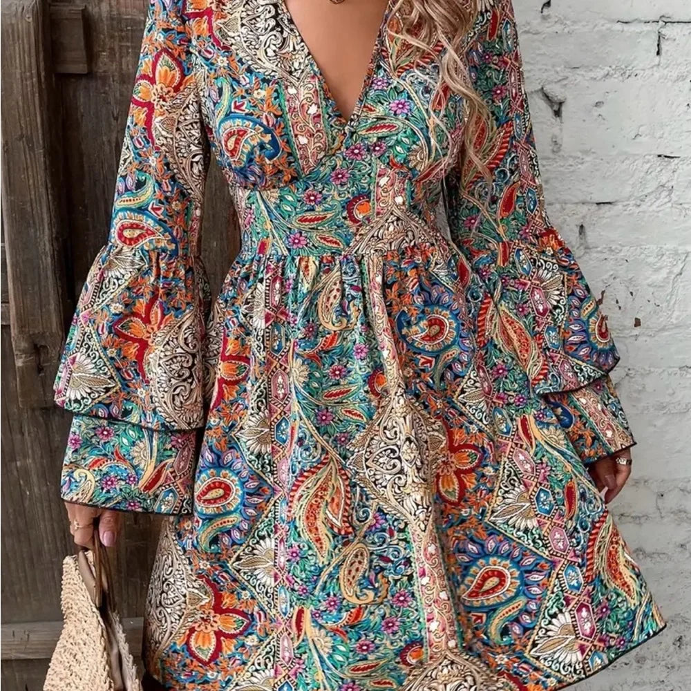 Bohemian Paisley Floral Print V-Neck Bell Sleeve Dress