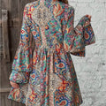Bohemian Paisley Floral Print V-Neck Bell Sleeve Dress